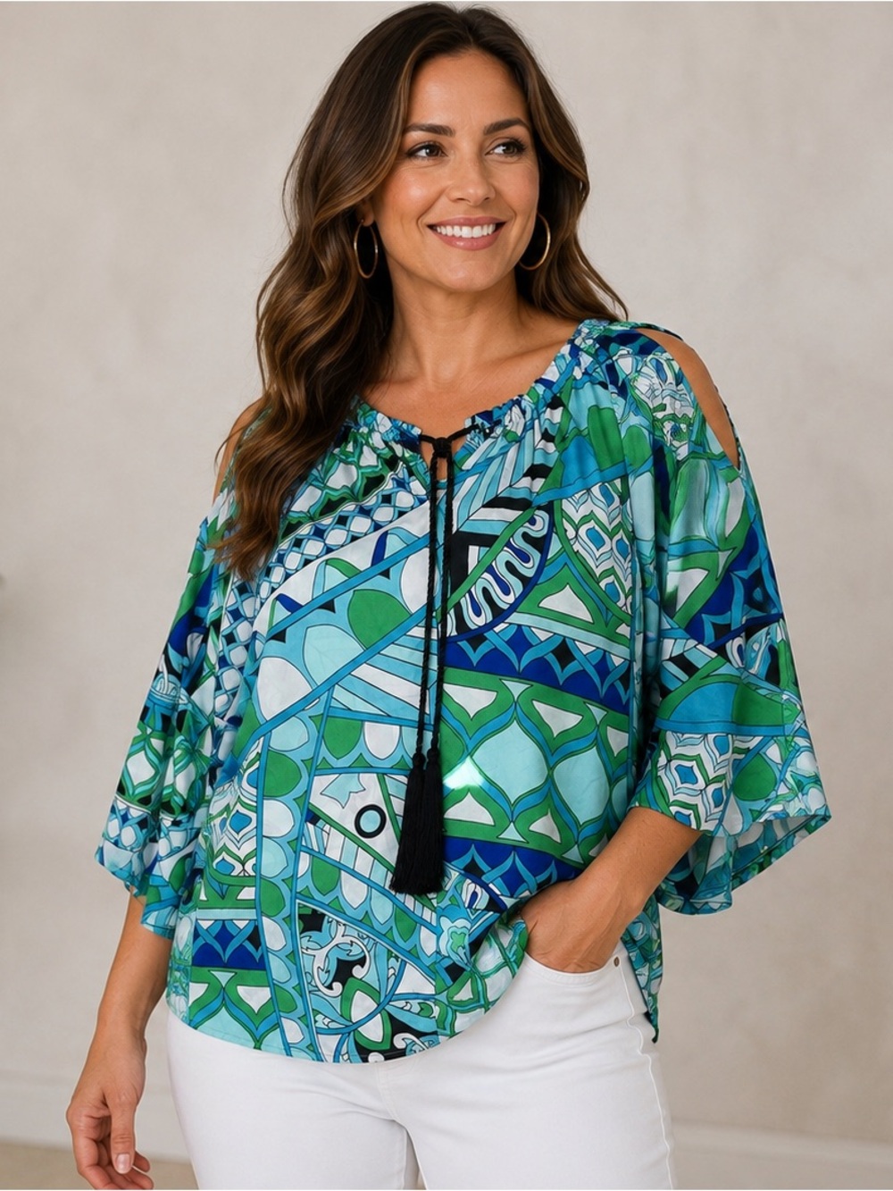 Chico’s Cold Shoulder Geometric Satin Blouse Size 1 Med Blue Green Aqua